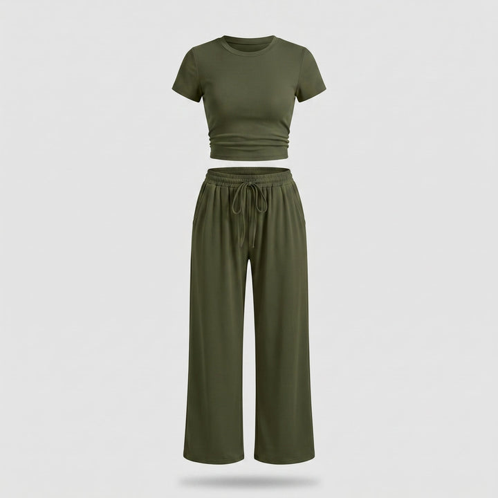 Completo Due Pezzi da Donna con Top Arricciato e Pantalone Ampio