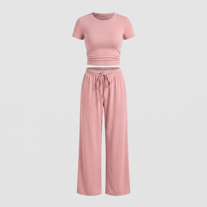 Completo Due Pezzi da Donna con Top Arricciato e Pantalone Ampio