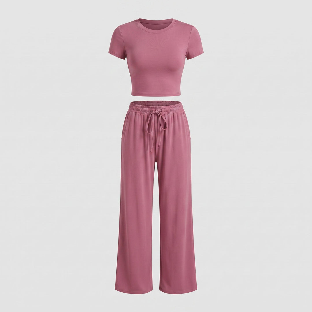Completo Due Pezzi da Donna con Top Arricciato e Pantalone Ampio
