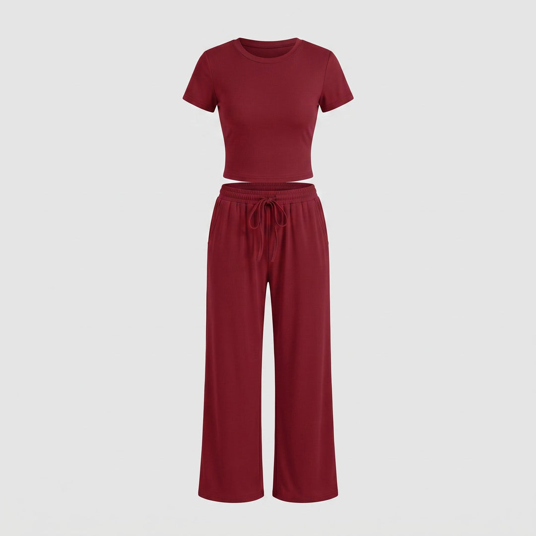 Completo Due Pezzi da Donna con Top Arricciato e Pantalone Ampio
