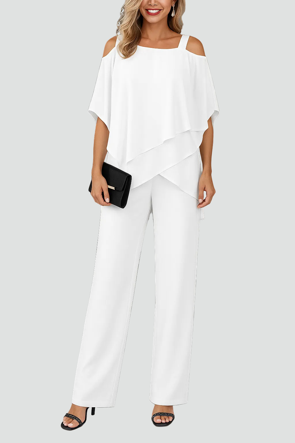 Set da donna con top a spalle scoperte e pantaloni a gamba larga, vista frontale