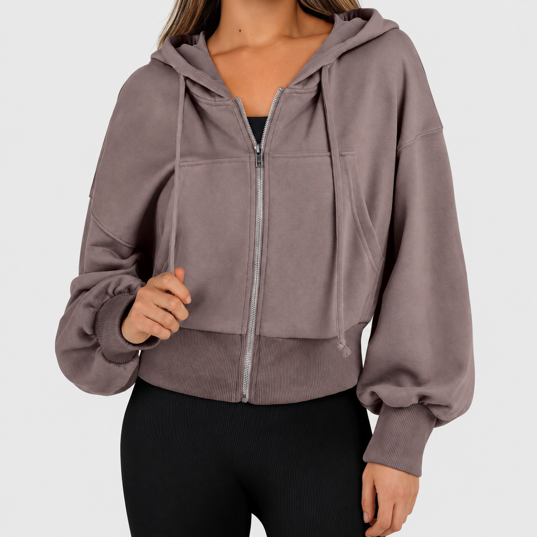 Felpa Corta con Zip Intera e Cappuccio con Cordino