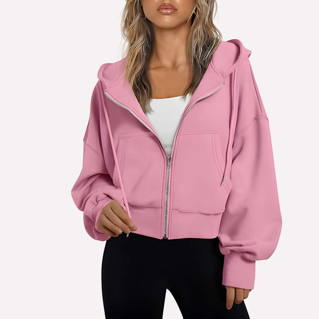 Felpa Corta con Zip Intera e Cappuccio con Cordino