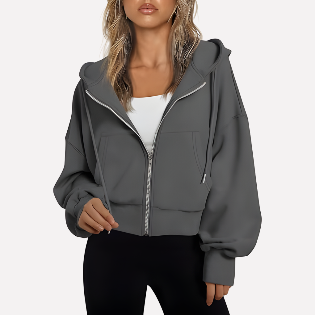 Felpa Corta con Zip Intera e Cappuccio con Cordino