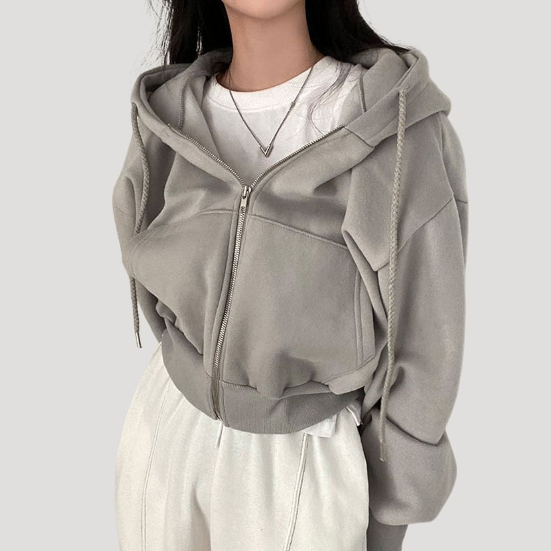 Felpa oversize con zip frontale e cappuccio con coulisse, vista frontale