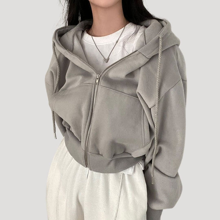 Felpa oversize con zip frontale e cappuccio con coulisse, vista frontale