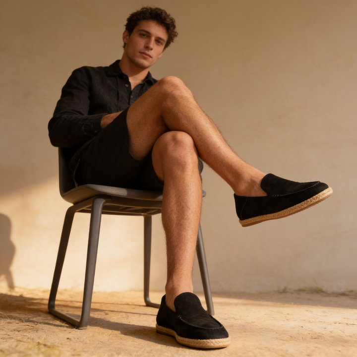 Vista posteriore del loafer espadrille con tomaia in suede