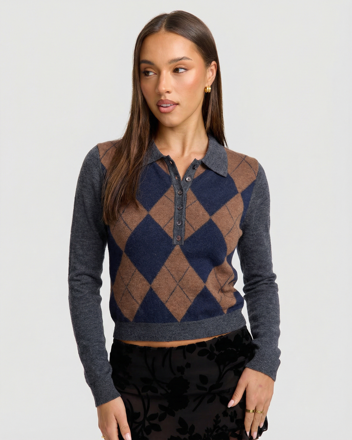 Maglione polo a maglia con motivo argyle e collo strutturato, vista frontale