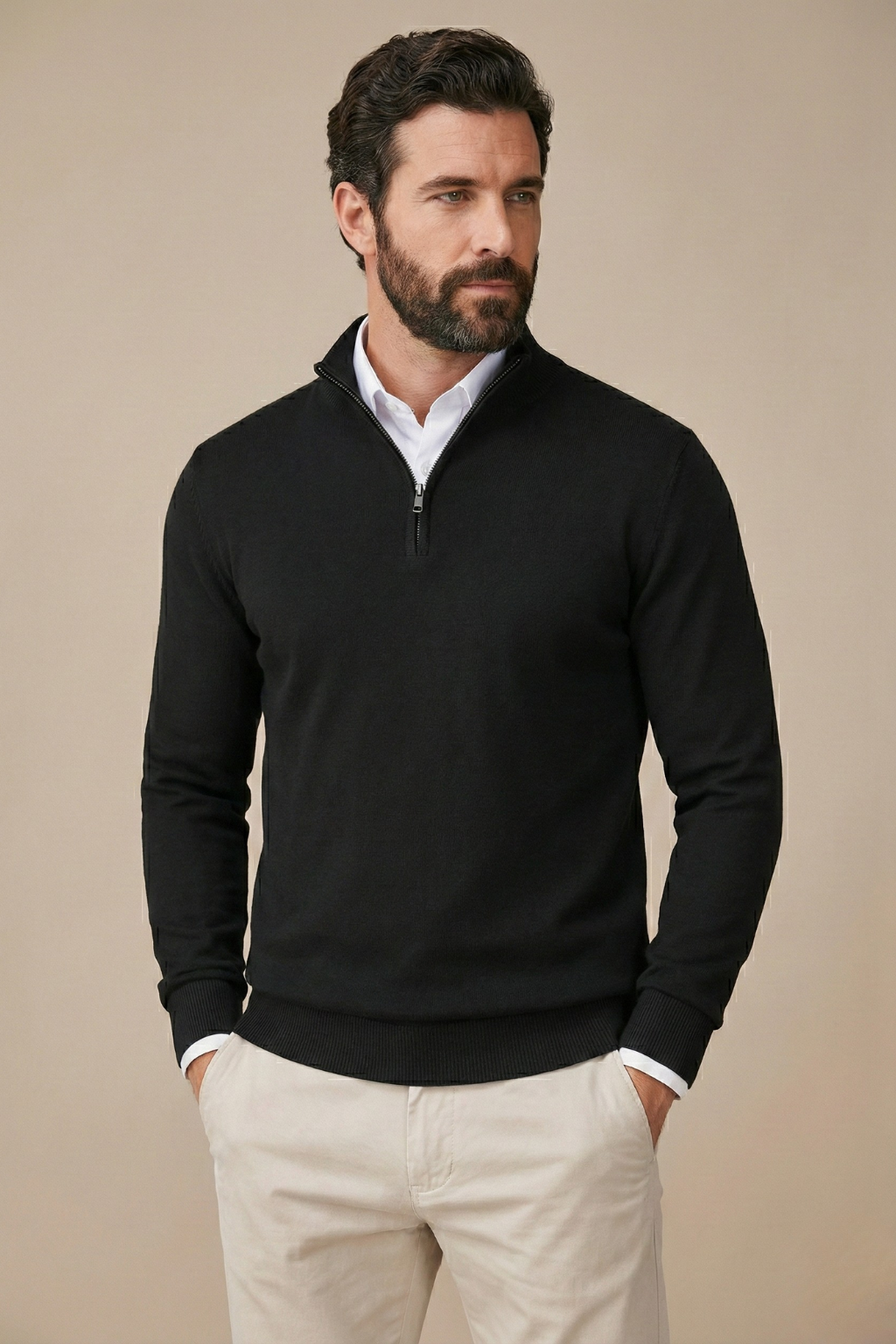 Maglione da uomo con mezza zip e collo alla coreana, vista frontale