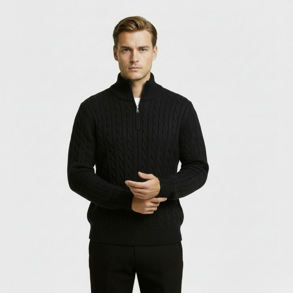 Maglione da uomo con trama a trecce e zip a quarto, colletto alla coreana strutturato