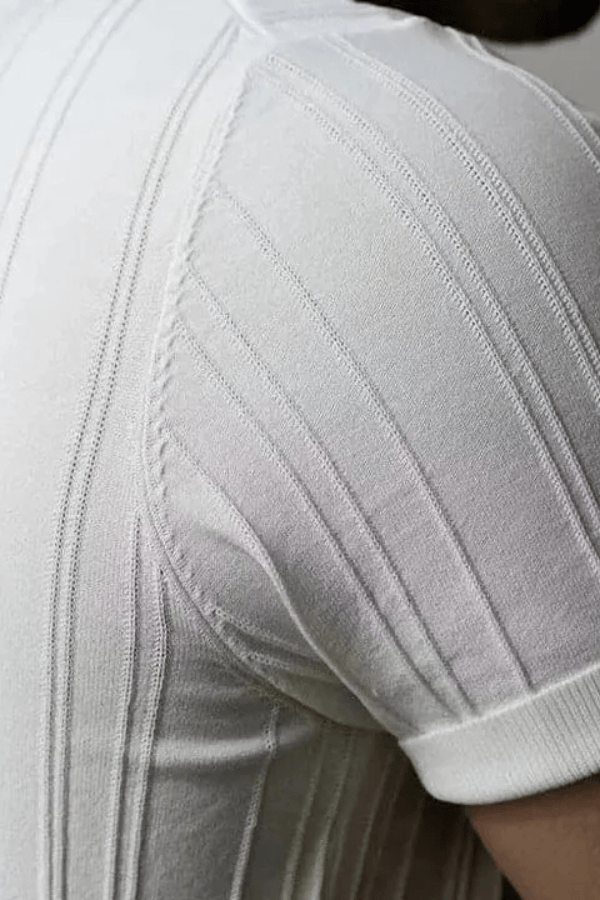 Polo da uomo indossata, dettaglio maniche corte e collo