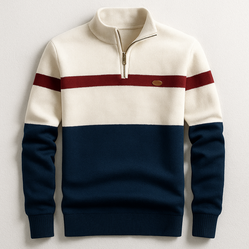 Pullover da uomo con colour block bicolore e zip corta sul collo a costine