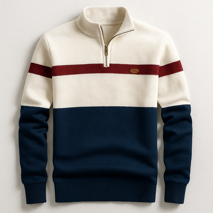 Pullover da uomo con colour block bicolore e zip corta sul collo a costine