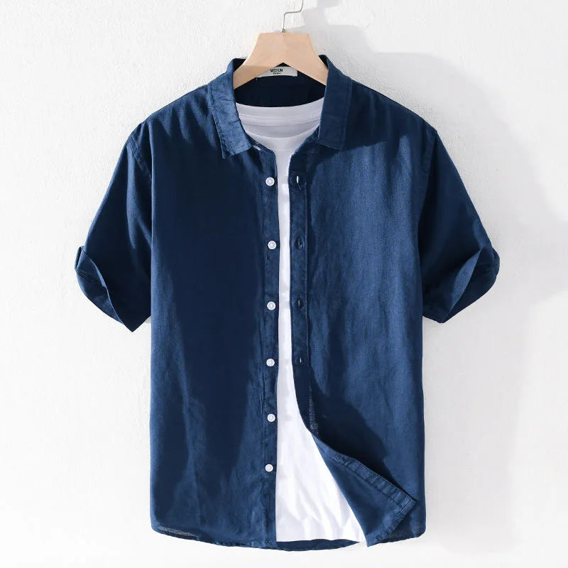 Leggera Camicia in Misto Cotone e Lino da Uomo Con Maniche Corte