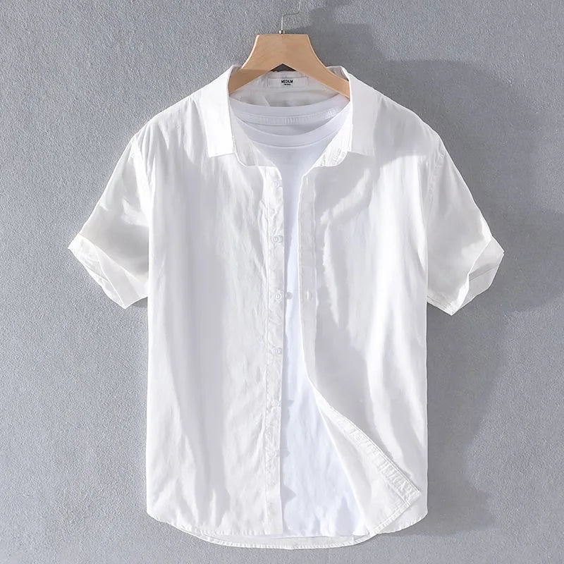 Leggera Camicia in Misto Cotone e Lino da Uomo Con Maniche Corte