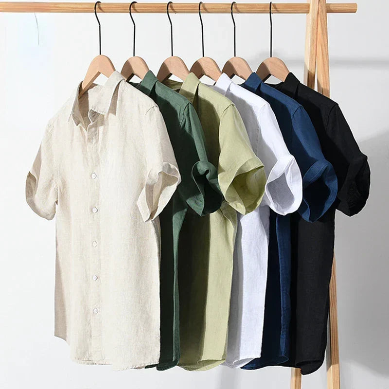Leggera Camicia in Misto Cotone e Lino da Uomo Con Maniche Corte