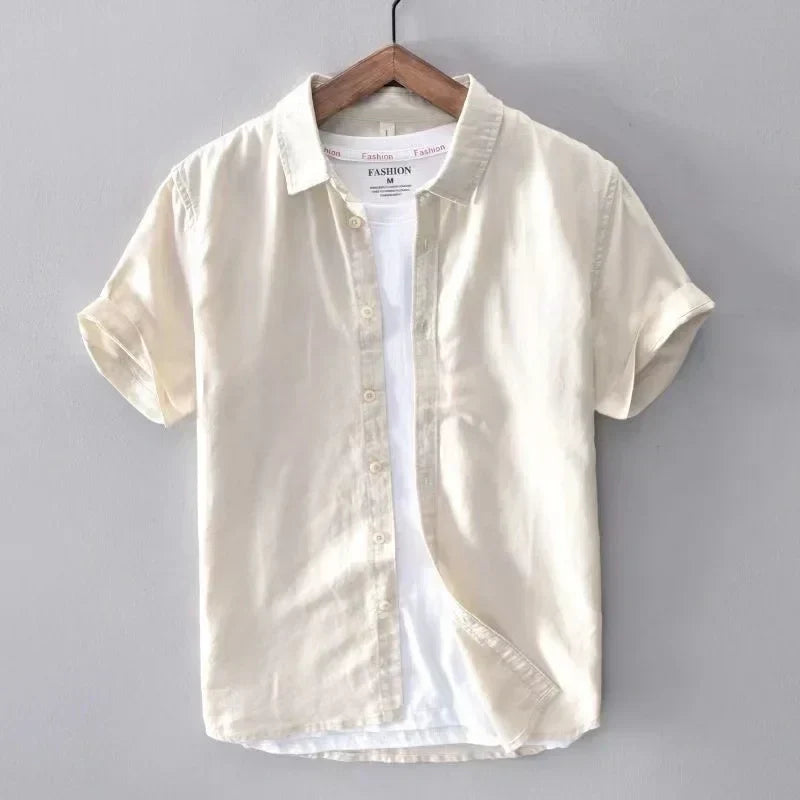 Leggera Camicia in Misto Cotone e Lino da Uomo Con Maniche Corte