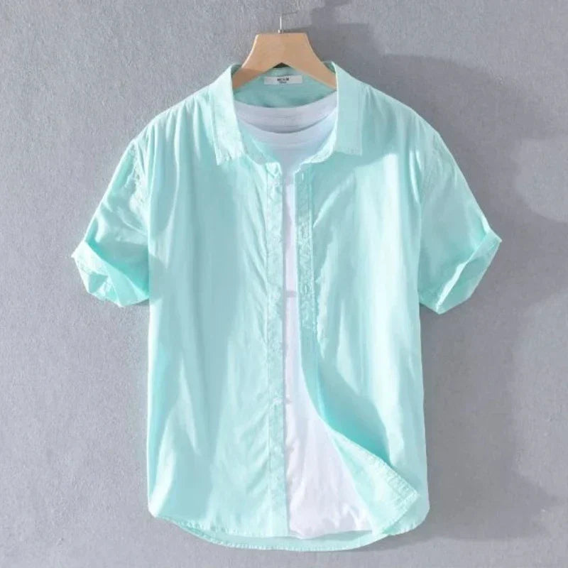 Leggera Camicia in Misto Cotone e Lino da Uomo Con Maniche Corte