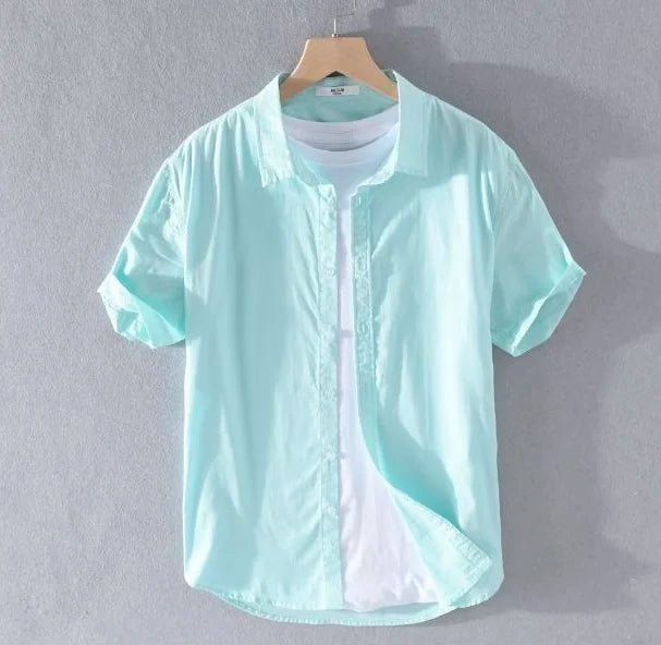 Leggera Camicia in Misto Cotone e Lino da Uomo Con Maniche Corte