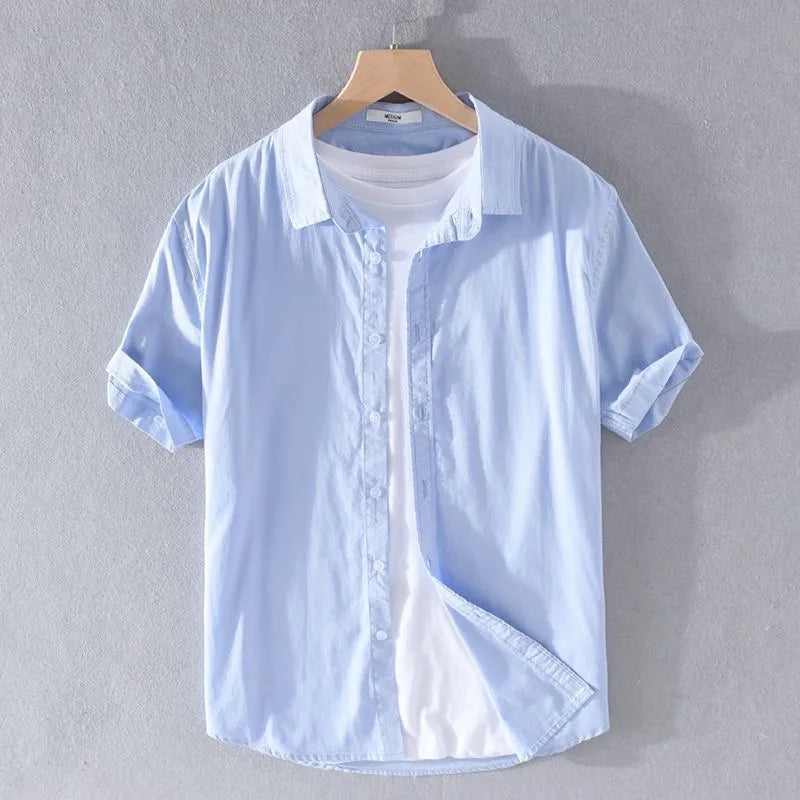 Leggera Camicia in Misto Cotone e Lino da Uomo Con Maniche Corte