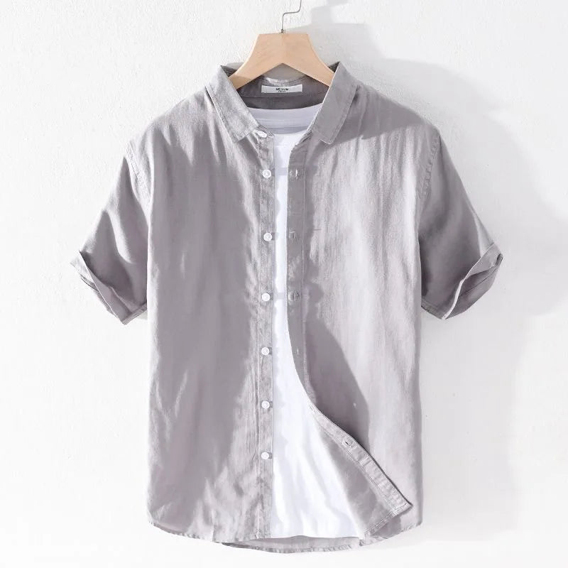 Leggera Camicia in Misto Cotone e Lino da Uomo Con Maniche Corte