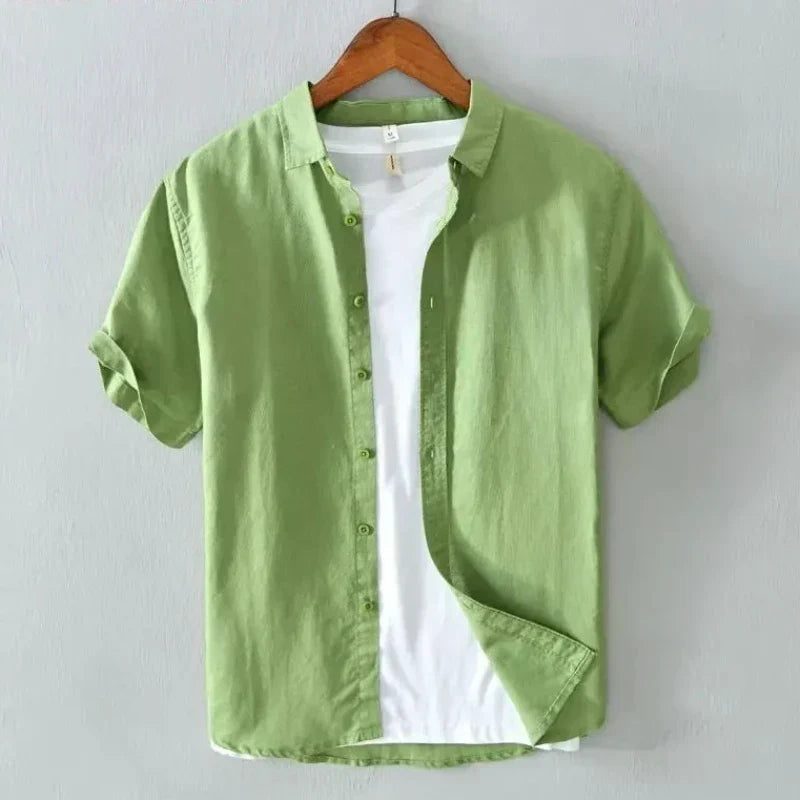 Leggera Camicia in Misto Cotone e Lino da Uomo Con Maniche Corte