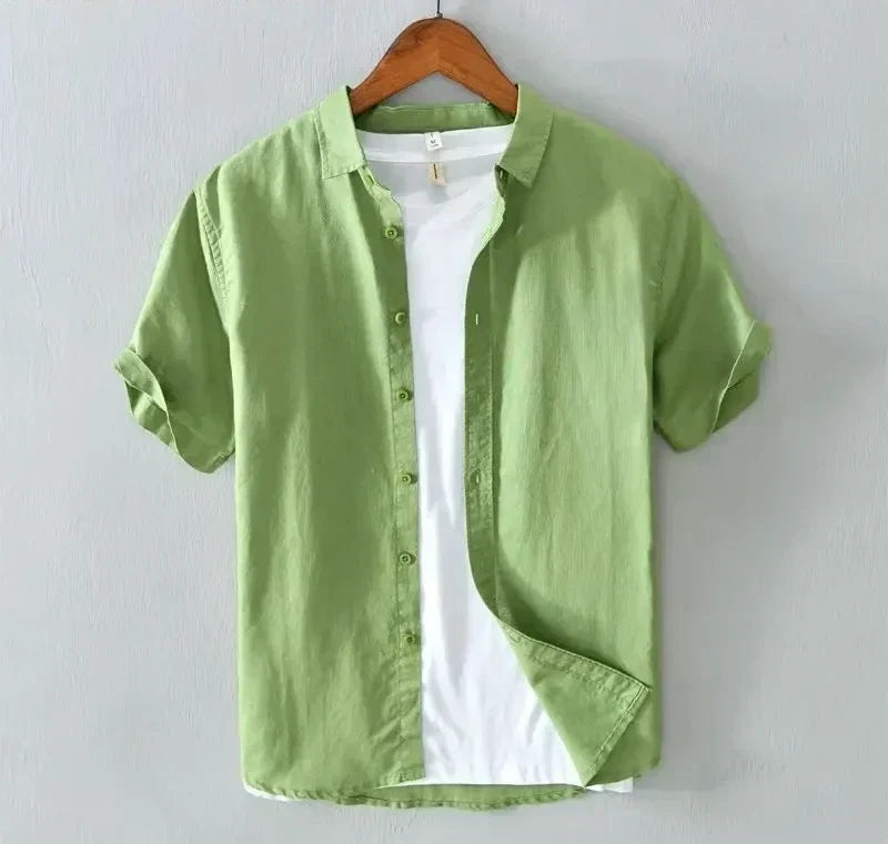 Leggera Camicia in Misto Cotone e Lino da Uomo Con Maniche Corte