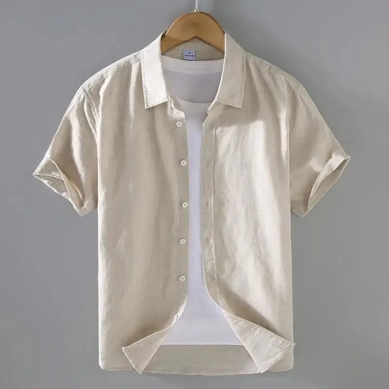 Leggera Camicia in Misto Cotone e Lino da Uomo Con Maniche Corte