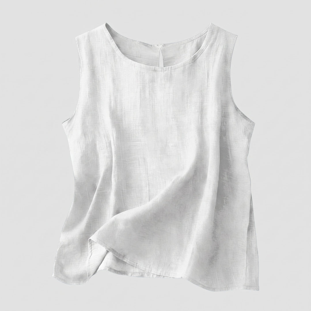 Top Smanicato da Donna con Scollo Rotondo e Tessuto Cotone Lino