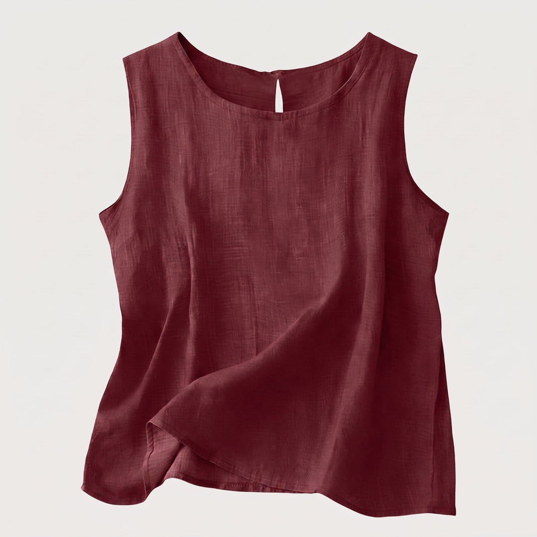 Top Smanicato da Donna con Scollo Rotondo e Tessuto Cotone Lino
