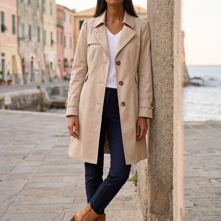 Trench da donna con collo con revers e chiusura a bottoni, vista frontale