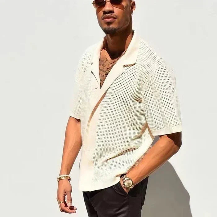 Leggera Camicia in Maglia Traforata da Uomo Con Maniche Corte E Collo Classico