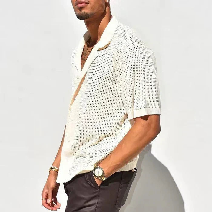 Leggera Camicia in Maglia Traforata da Uomo Con Maniche Corte E Collo Classico