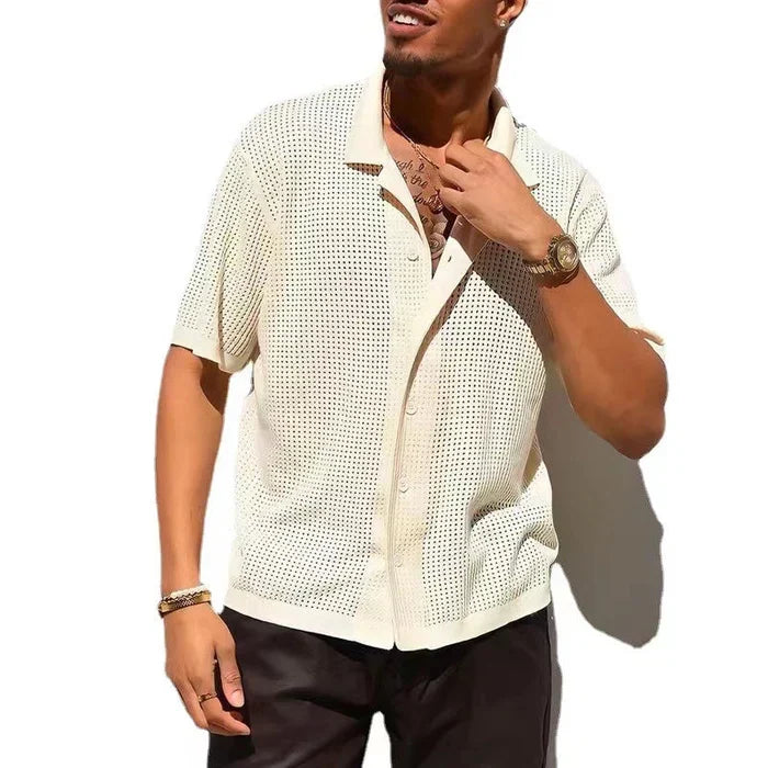 Leggera Camicia in Maglia Traforata da Uomo Con Maniche Corte E Collo Classico