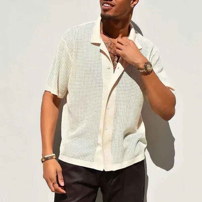 Leggera Camicia in Maglia Traforata da Uomo Con Maniche Corte E Collo Classico
